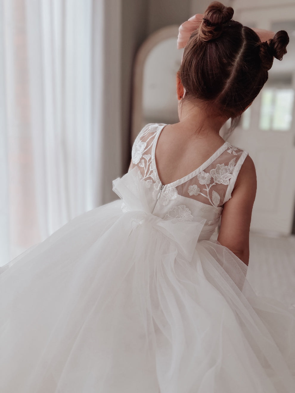White tea length First Communion dress for girls with V-back detail