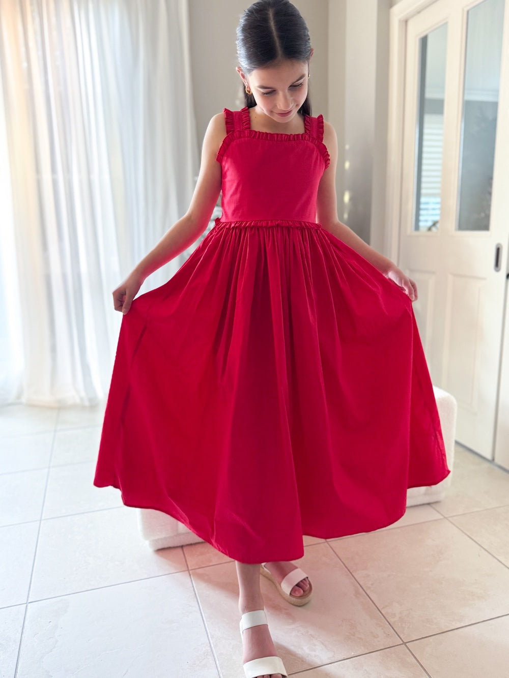 Eden Girls Midi Christmas Dress - Christmas Dresses and RompersRed midi Christmas dress for girls with ruffle bodice and sleeves
