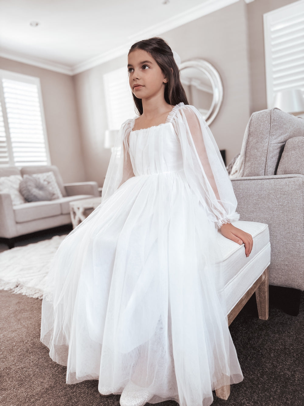 Ellie Long Sleeve Girls White Dress – A Little Lacey