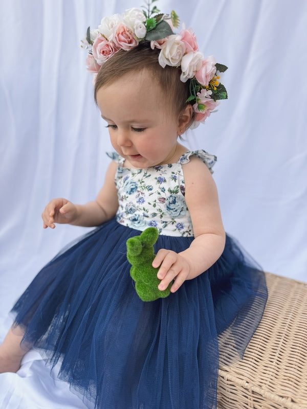 Zara Girls Tutu Dress - Navy Floral - Girls Floral Dressesbaby girls easter dress - blue floral - crown-2