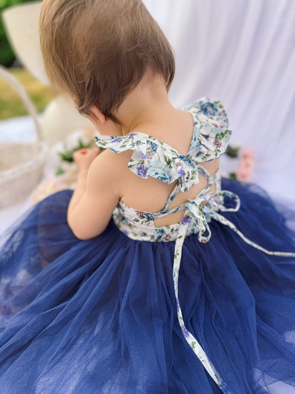 Zara Girls Tutu Dress - Navy Floral - Baby Dressesbaby girls easter dress - blue floral - back