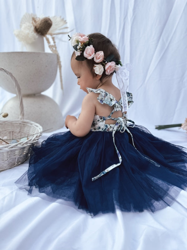 Zara Girls Tutu Dress - Navy Floral - Girls Floral Dressesbaby girls easter dress - blue floral - crown-1