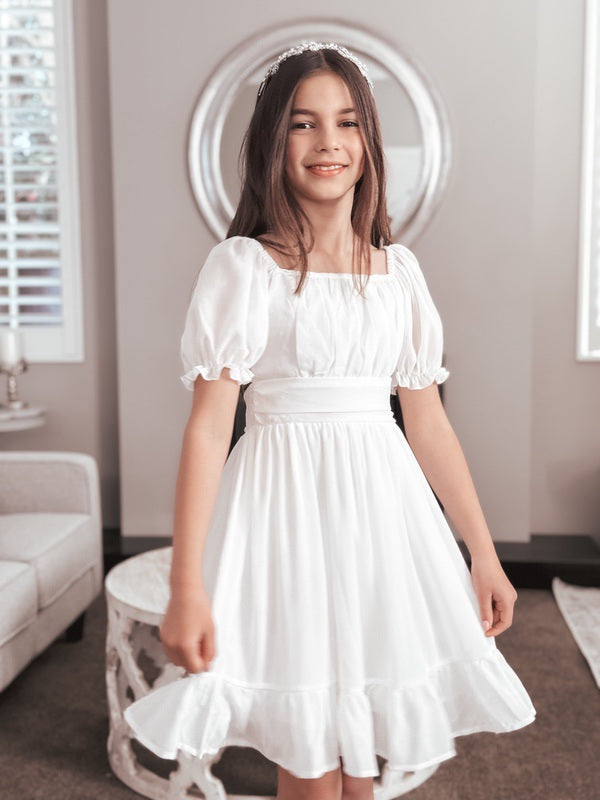 Emilia Girls White Dress - Knee Length