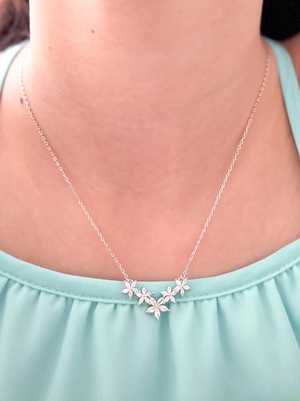 Eternal Bloom Girls Silver Necklace - Tween Girls DressesGirls silver necklace with five sparkling floral charms
