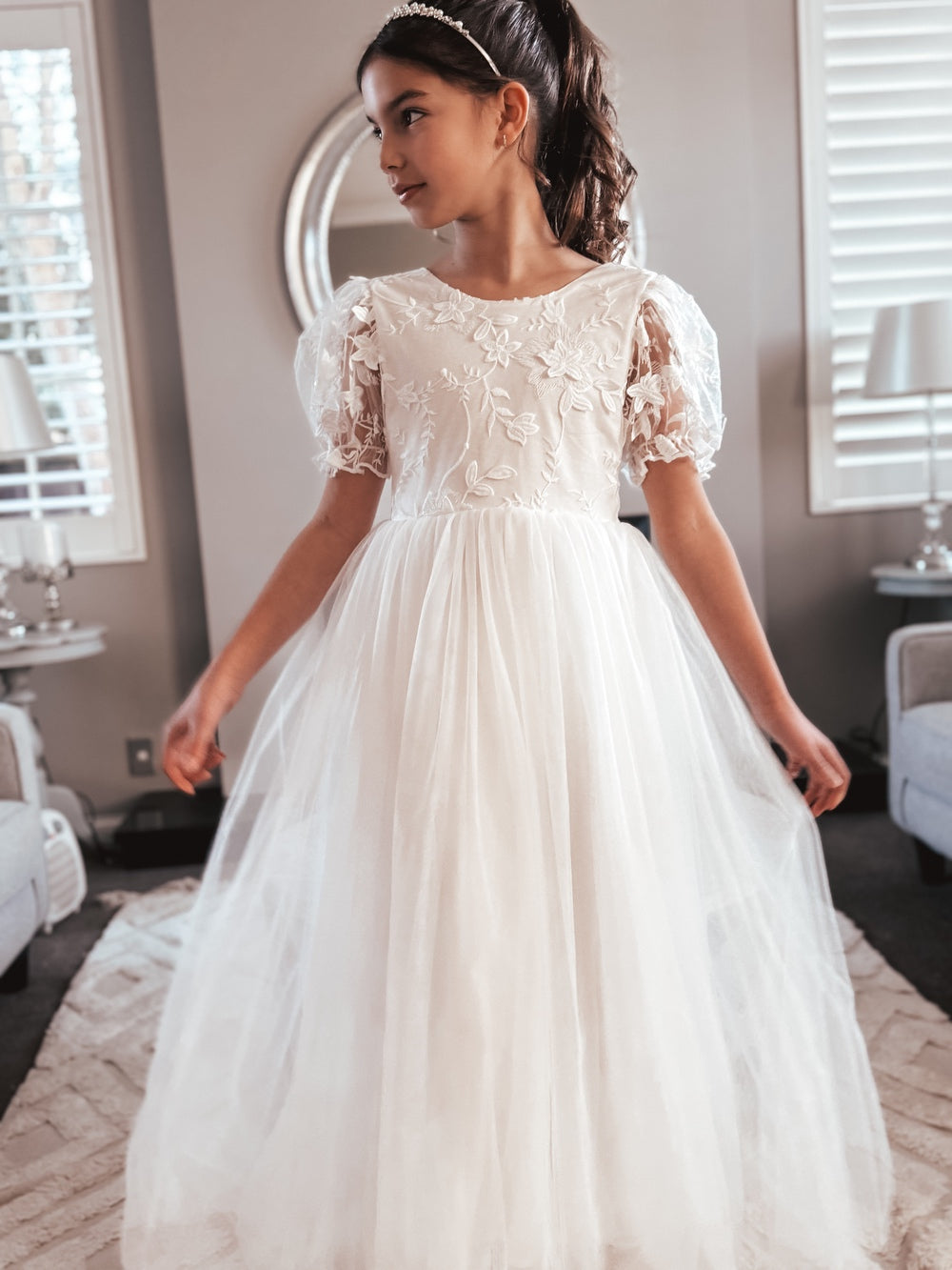 White full length embroidered flower girl dress front