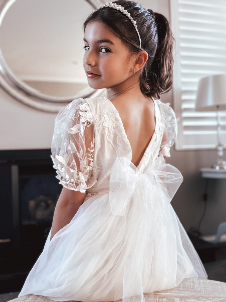 White V back flower girl dress  - 3D embroidery