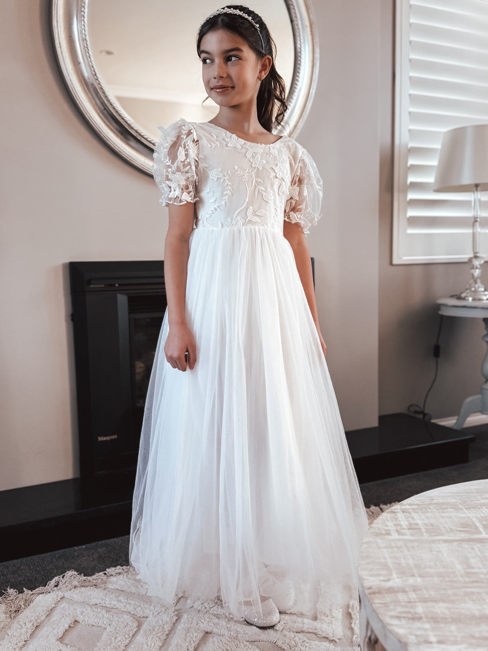 Eva Girls Embroidered White DressWhite full length flower girl dress 3D embroidery