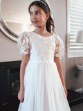 White full length flower girl dress front
