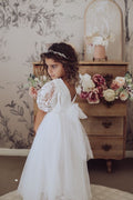 White full length flower girl dress back