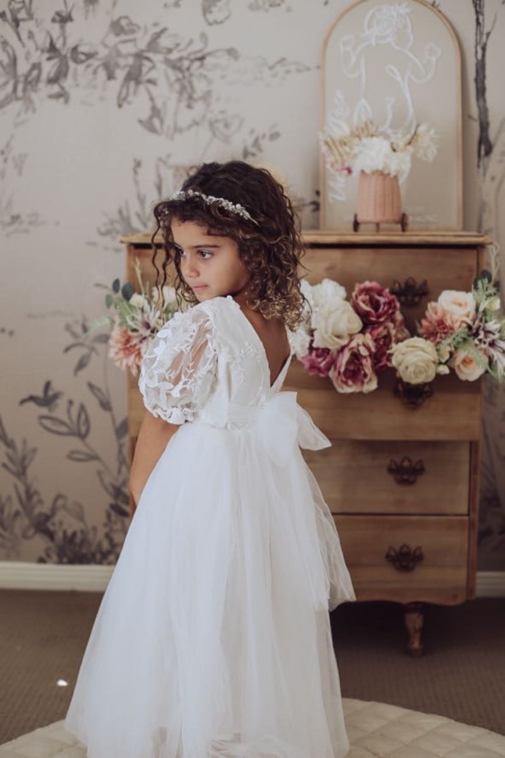 White full length flower girl dress back