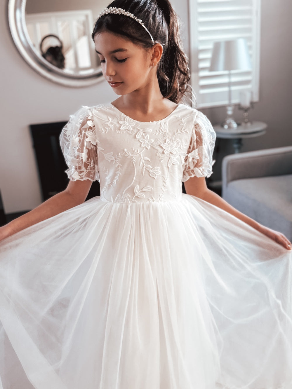 White embroidered  flower girl dress - full length