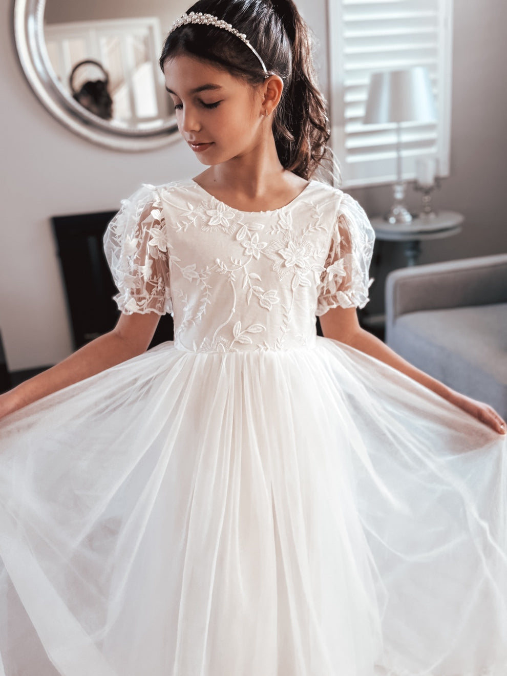 White embroidered  flower girl dress - full length