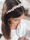 Side view of Silver Pearl Headband showing slim silver band and rounded ends
