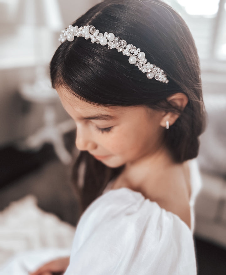 Silver Pearl Headband – girls flower girl and First Communion hair accessory by A Little Lacey