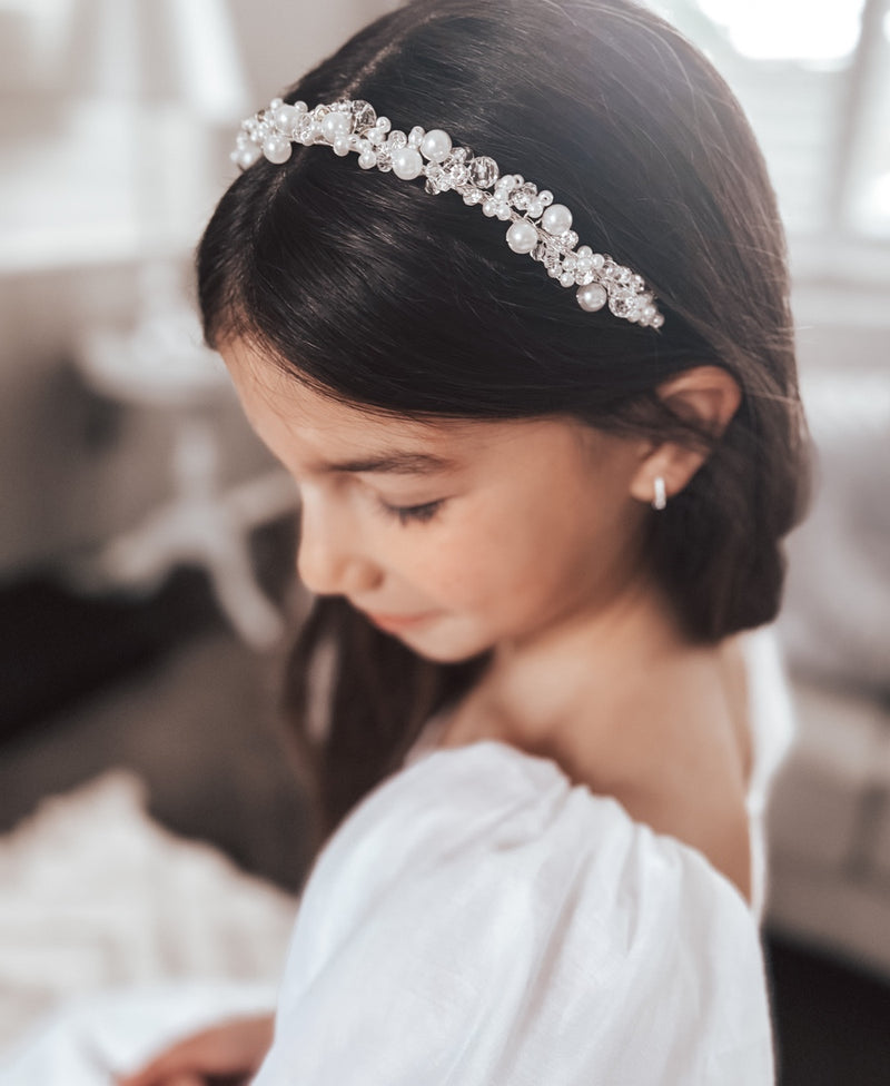 Evelyn Girls Silver Pearl Headband - A Little Lacey