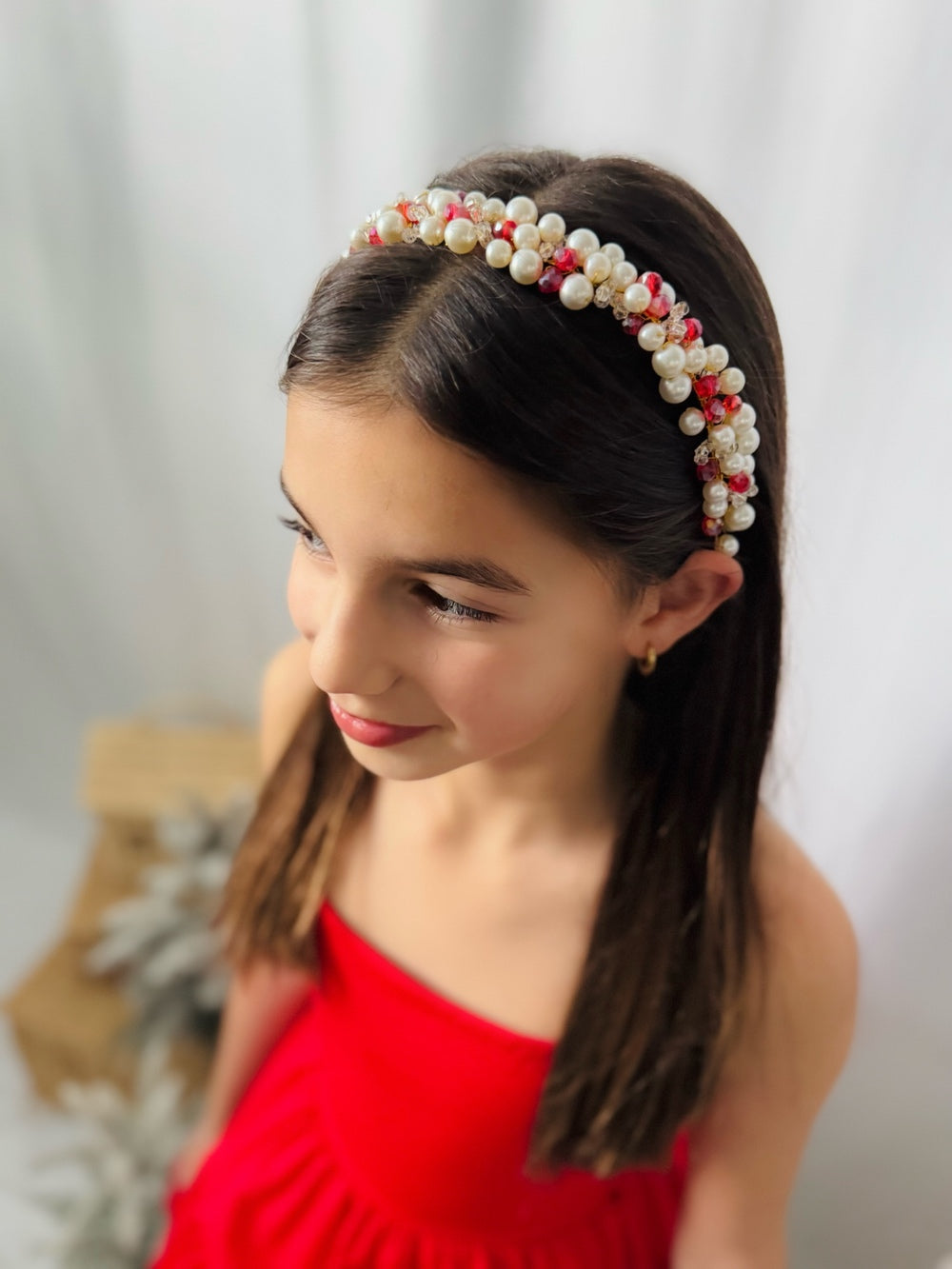 Evelyn Girls Christmas Pearl Headband - Christmas AccessoriesRed and white girls Christmas headband on gold band