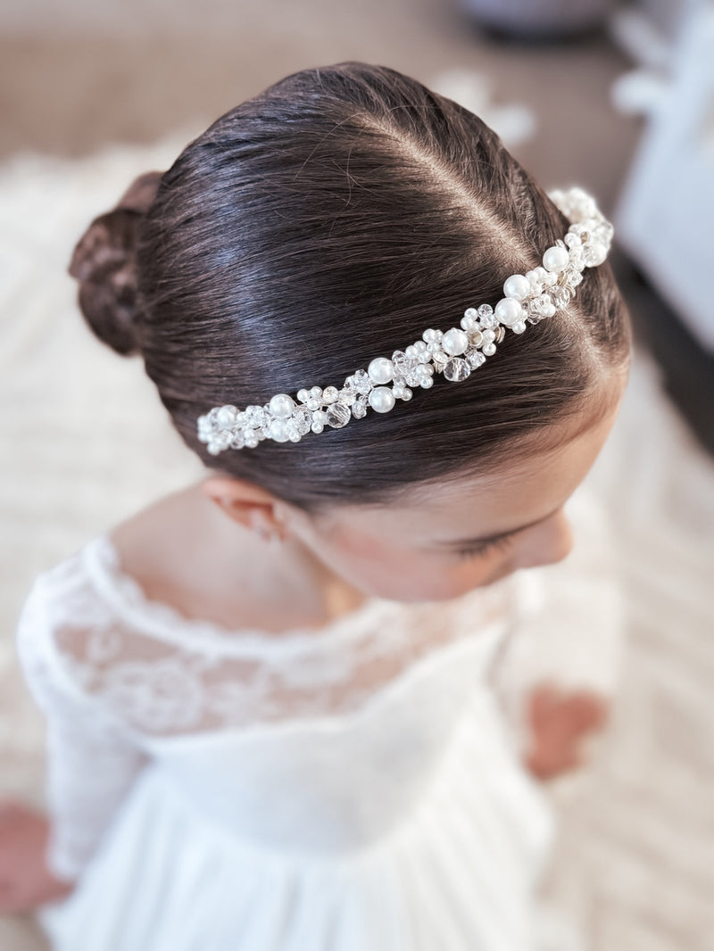 Evelyn Girls Silver Pearl Headband - A Little Lacey