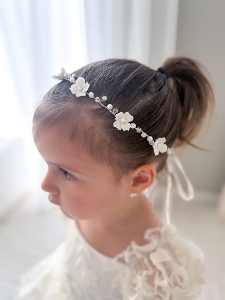 Ever After Girls Silver Headpiece – elegant porcelain flower & diamante hair accessory by A Little Lacey