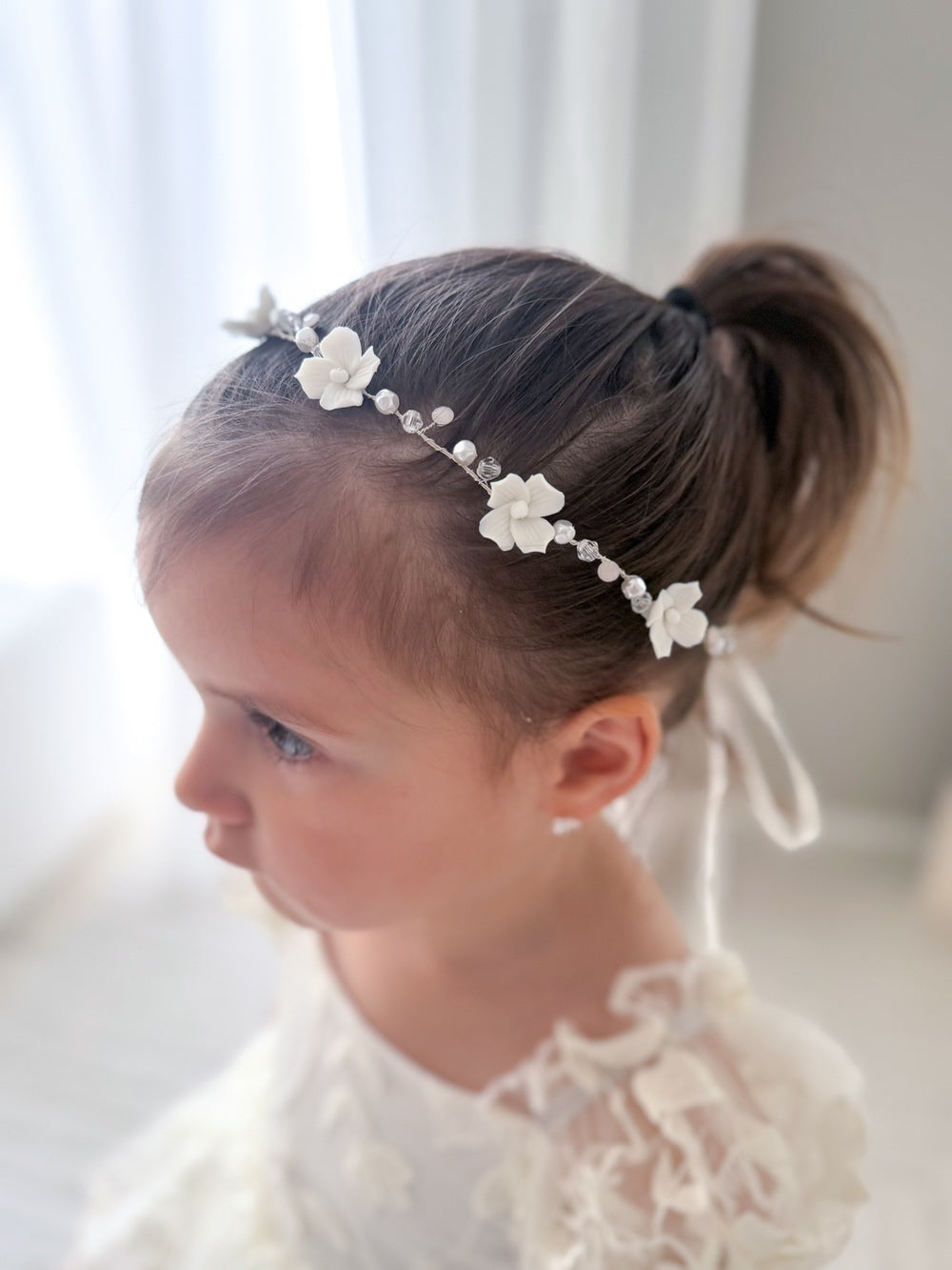 Ever After Girls Silver Headpiece - Tiaras and HeadpiecesEver After Girls Silver Headpiece – elegant porcelain flower & diamante hair accessory by A Little Lacey