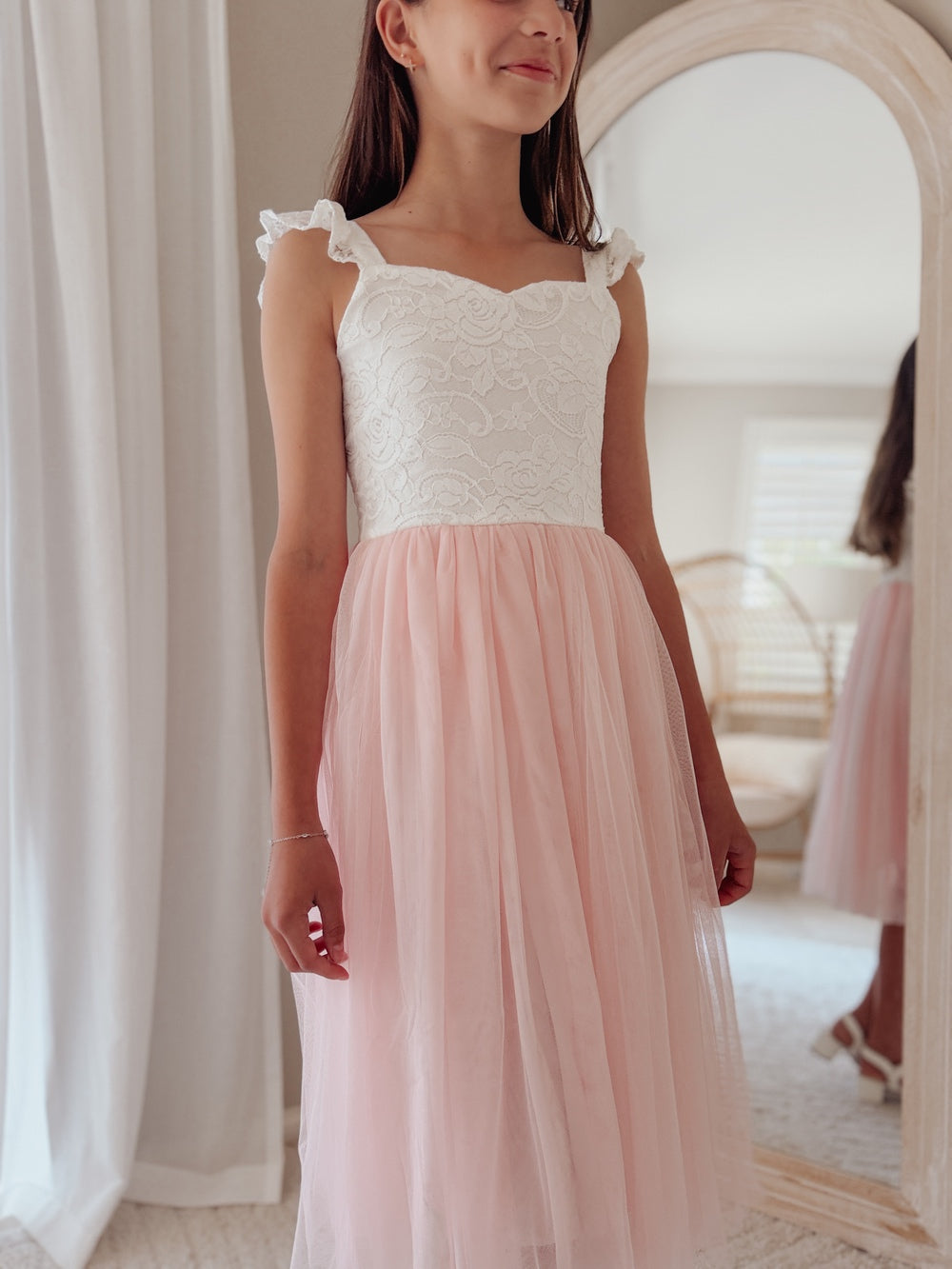 Pink tulle girls dress for weddings and formal occasions