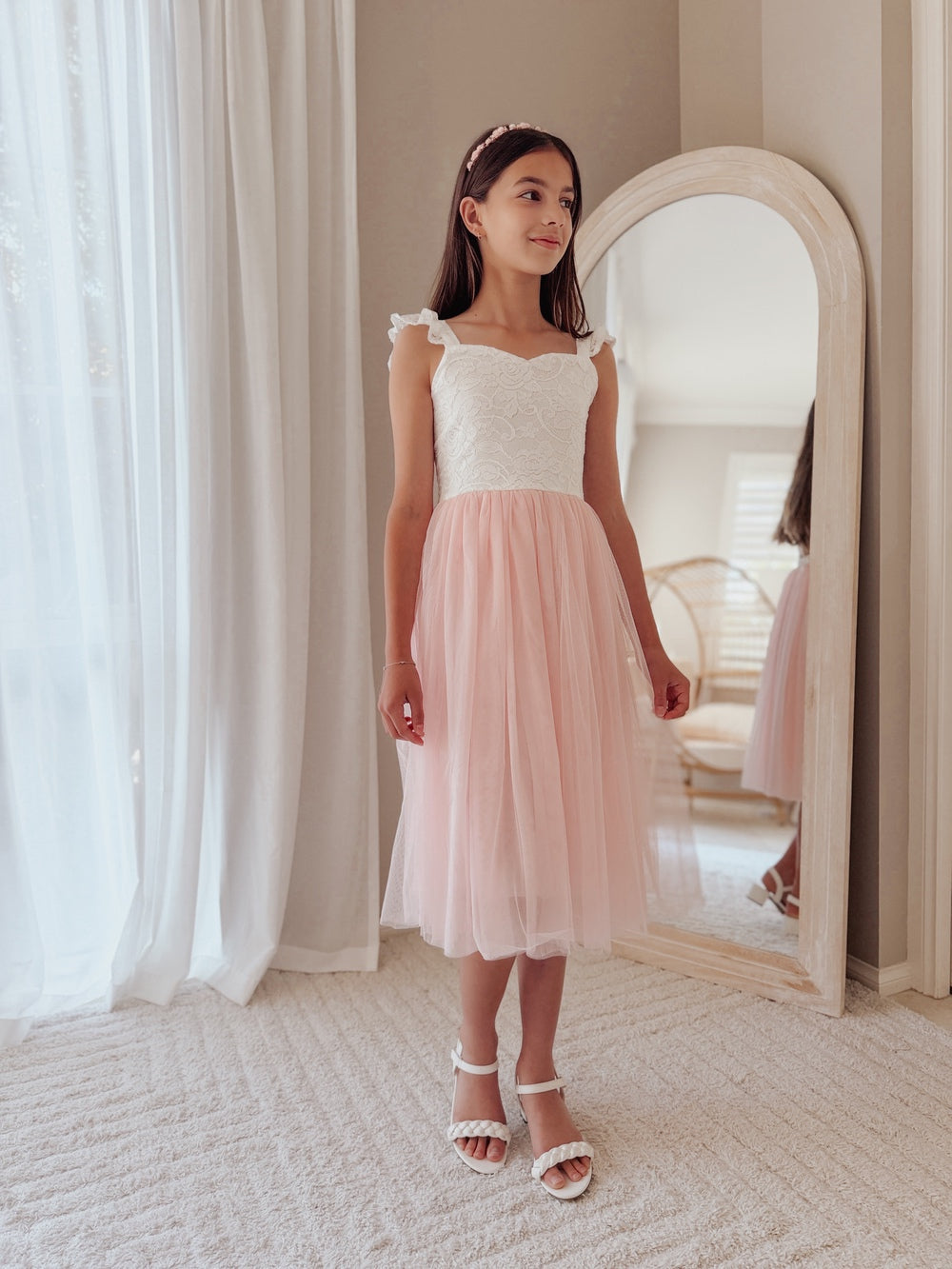 Soft pink lace and tulle girls dress midi length front view