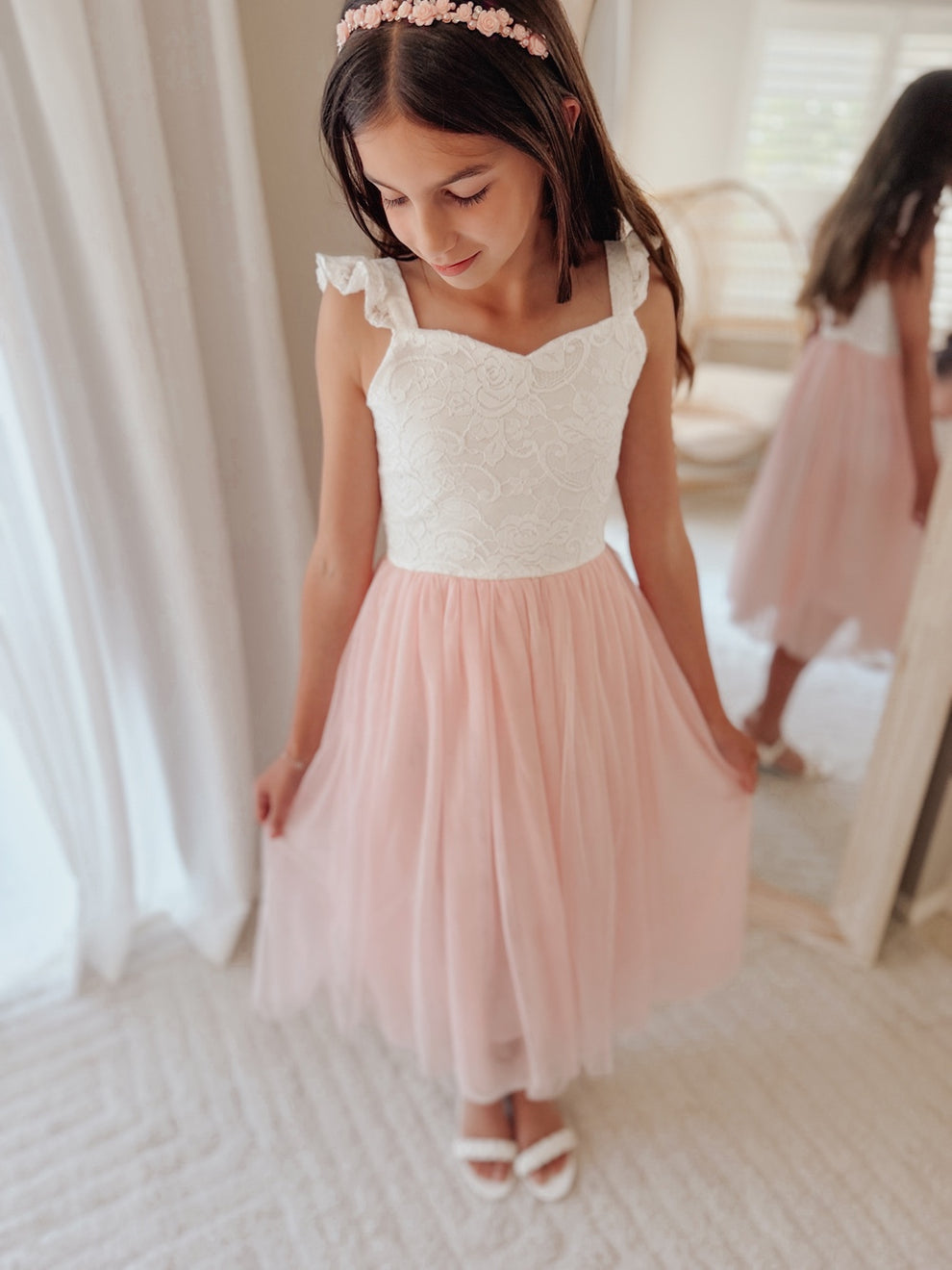 Soft pink girls dress for junior bridesmaid midi length