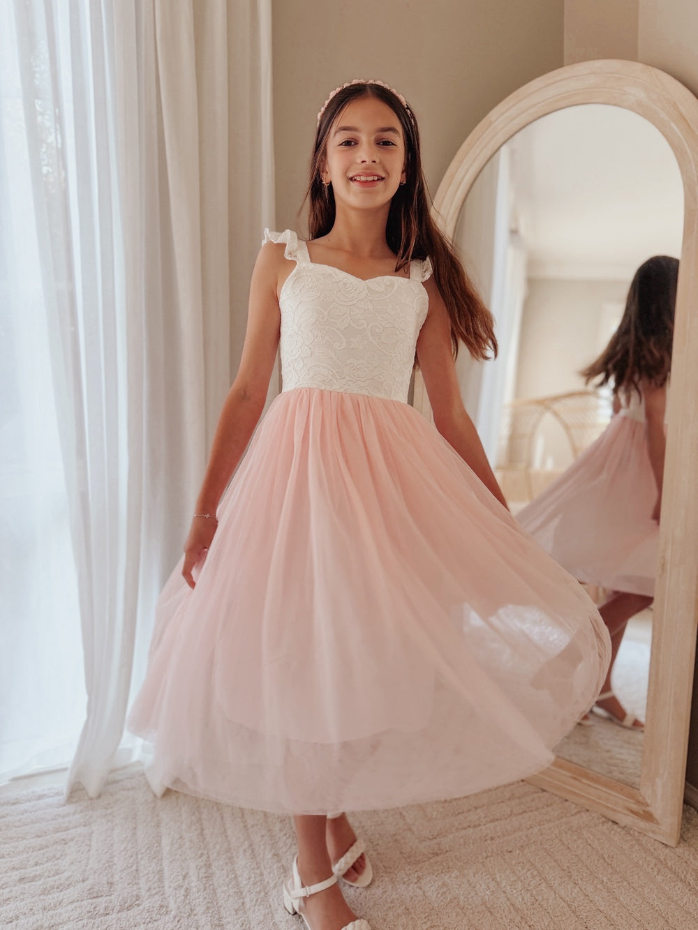 Girls pink wedding guest dress lace bodice and tulle skirt