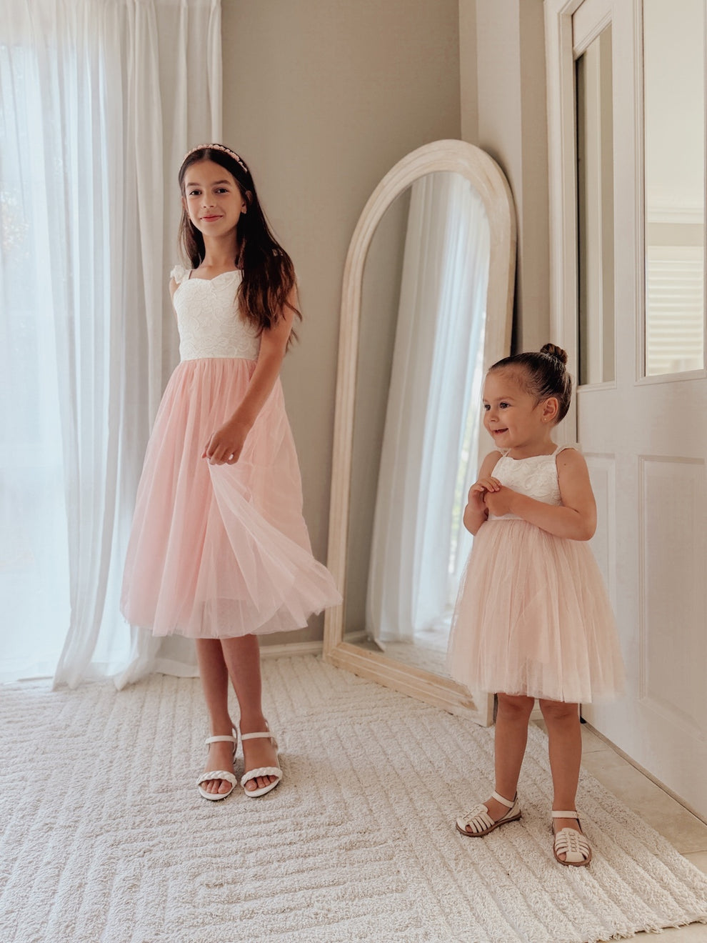 Soft pink girls dress for junior bridesmaid midi length