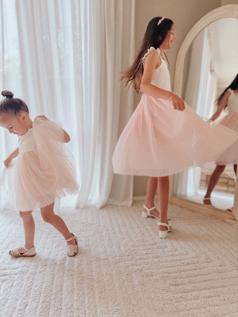 Soft pink girls formal dress twirl tulle skirt movement