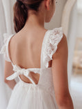 Ella Rose white dress lace tie-up back and ruffle shoulders