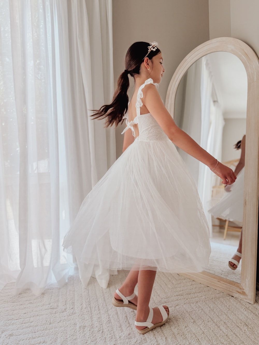 Girls white lace dress tea length tulle skirt
