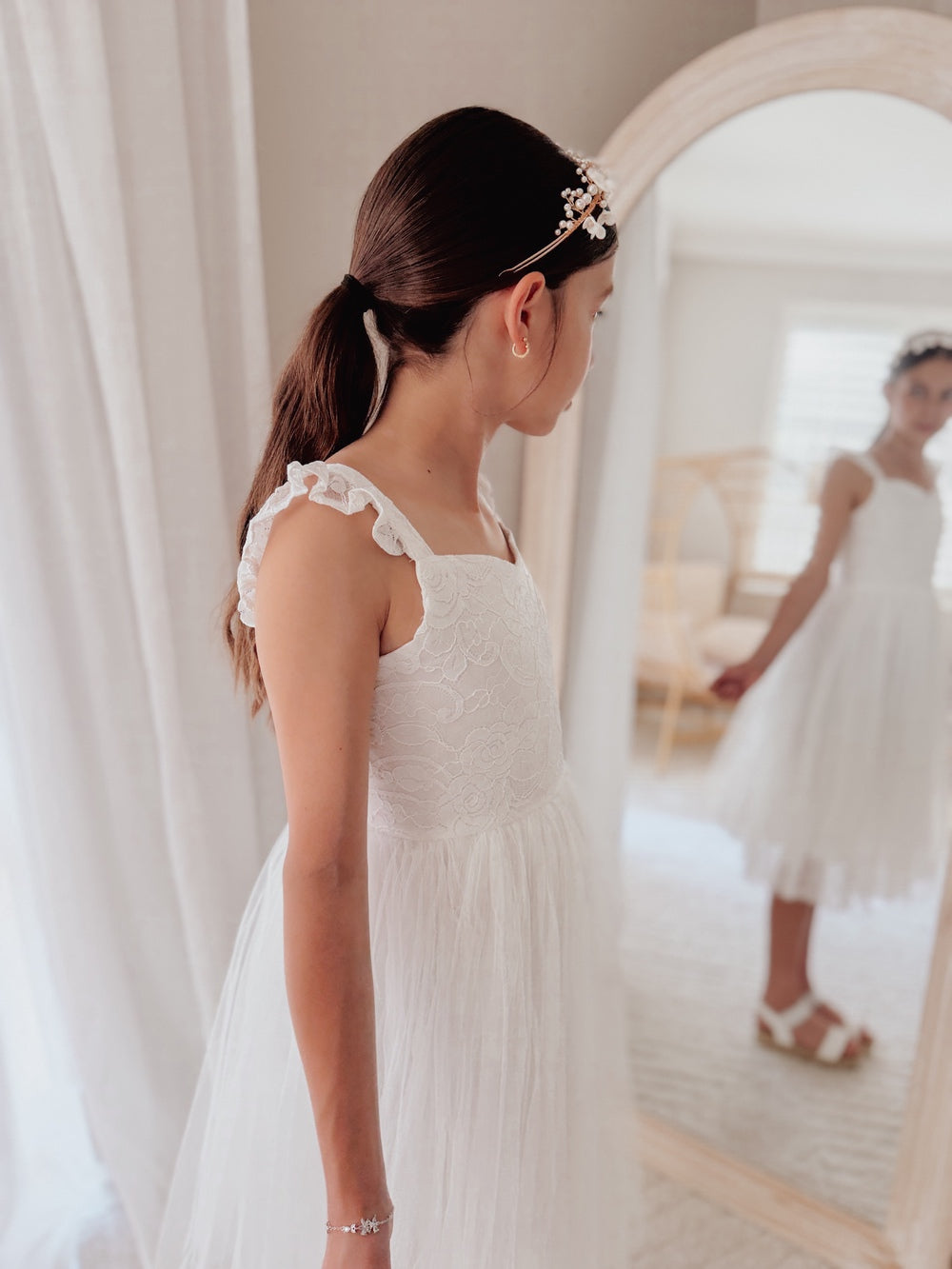 White lace flower girl dress tea length ruffle sleeve