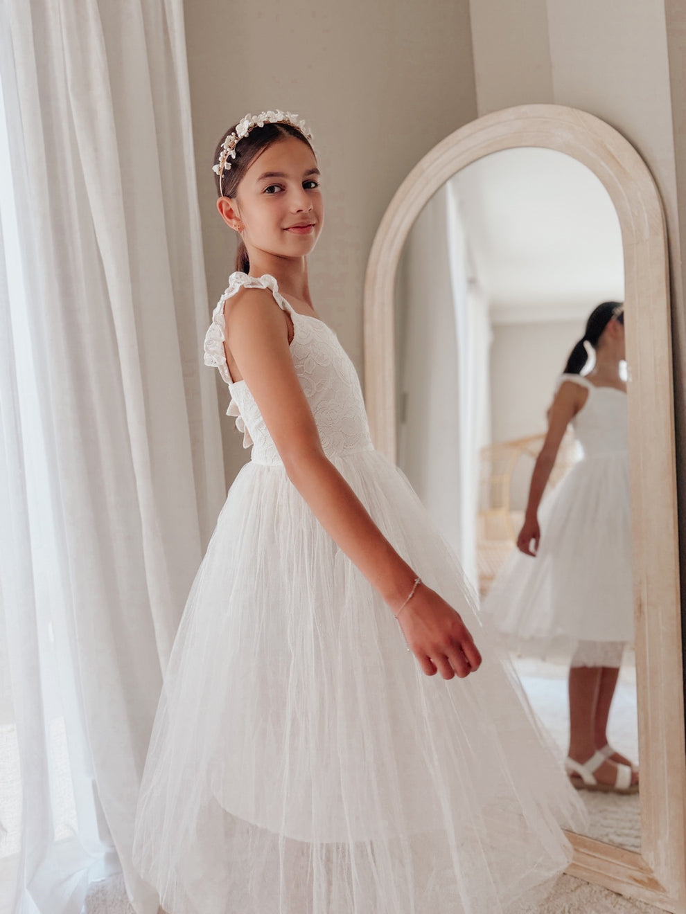Ruffle shoulder white girls dress detail