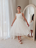 white lace girls dress tea-length tulle skirt
