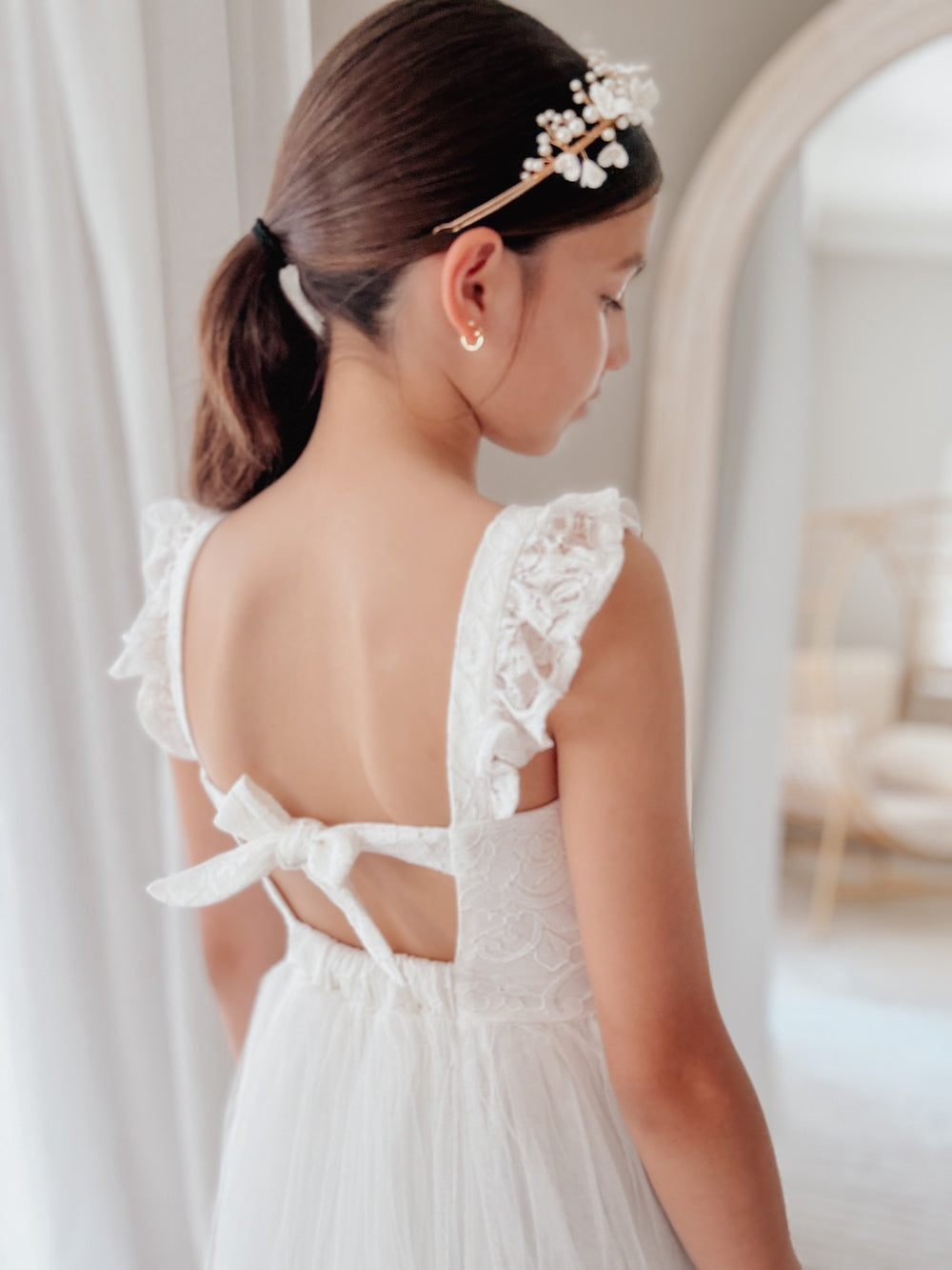 Soft white lace girls dress comfortable fit tie back