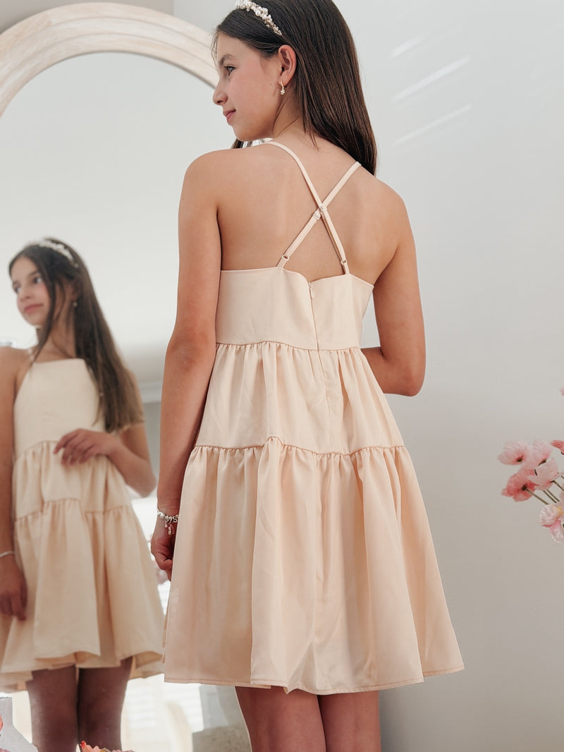 Elodie Champagne Girls Satin Dress - A Little Lacey