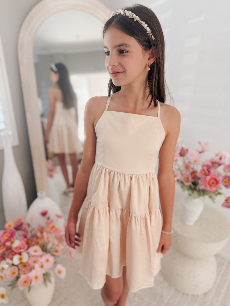 Elodie Champagne Girls Satin Dress - A Little Lacey