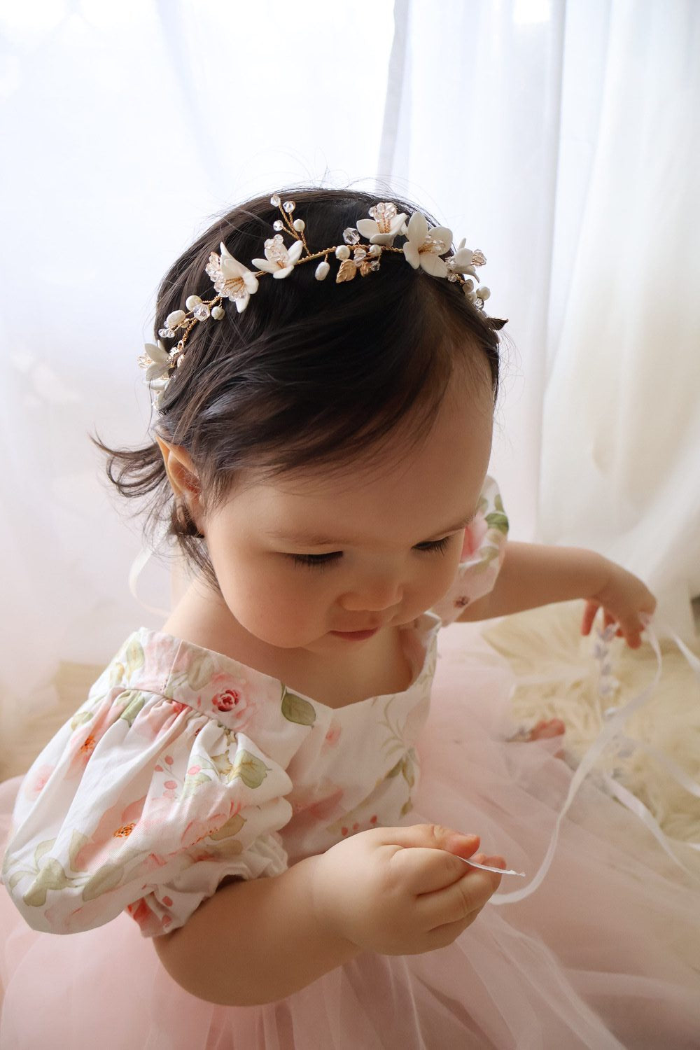 Baby girl floral romper with puff sleeves baby pink