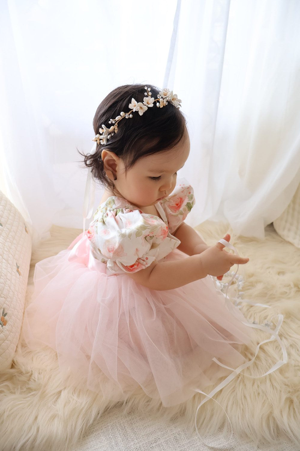 Baby girls birthday romper with tulle skirt and satin bow