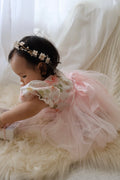 Pink tulle skirt baby romper with white floral bodice