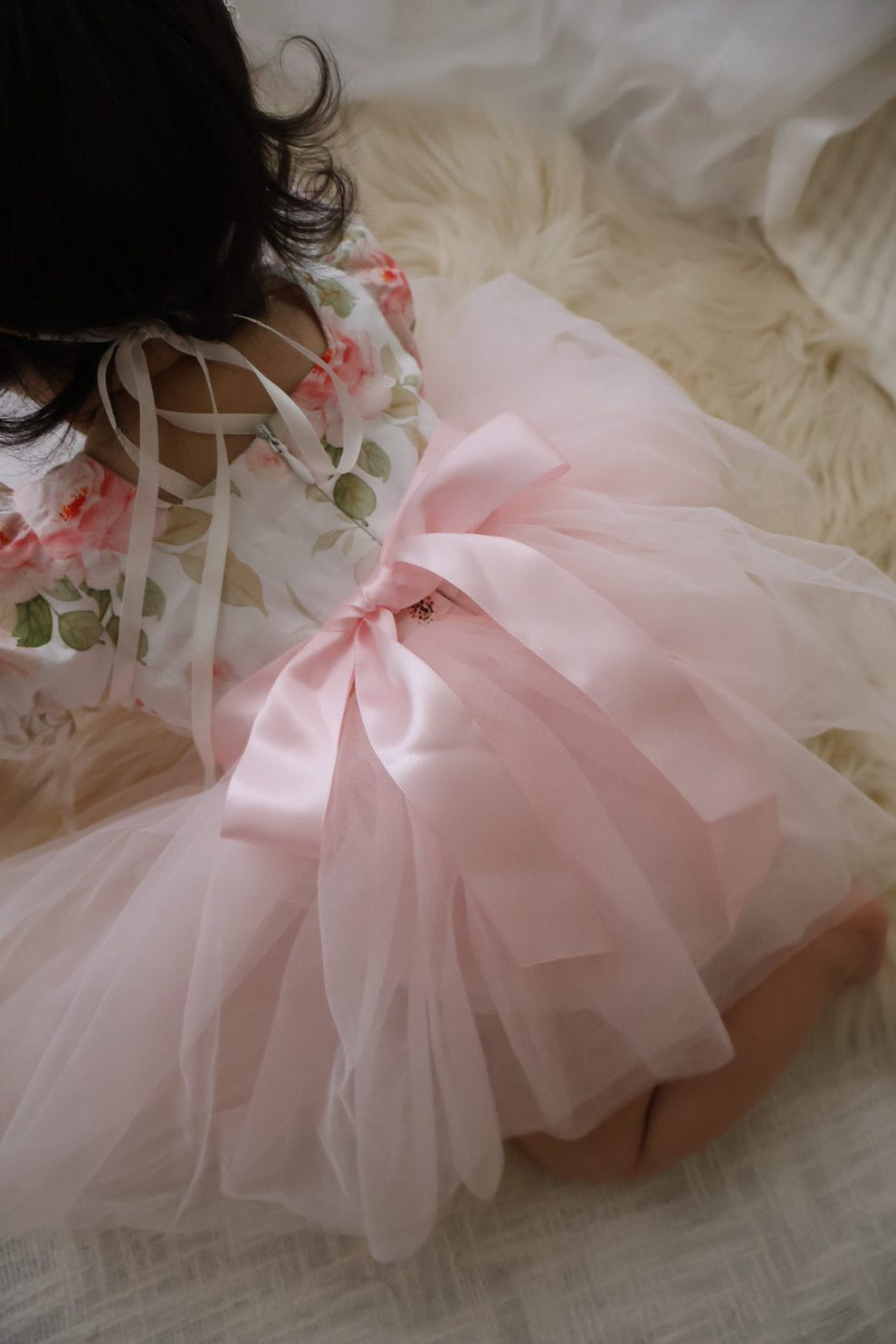 Baby girl wedding romper with puff sleeves and tulle dress