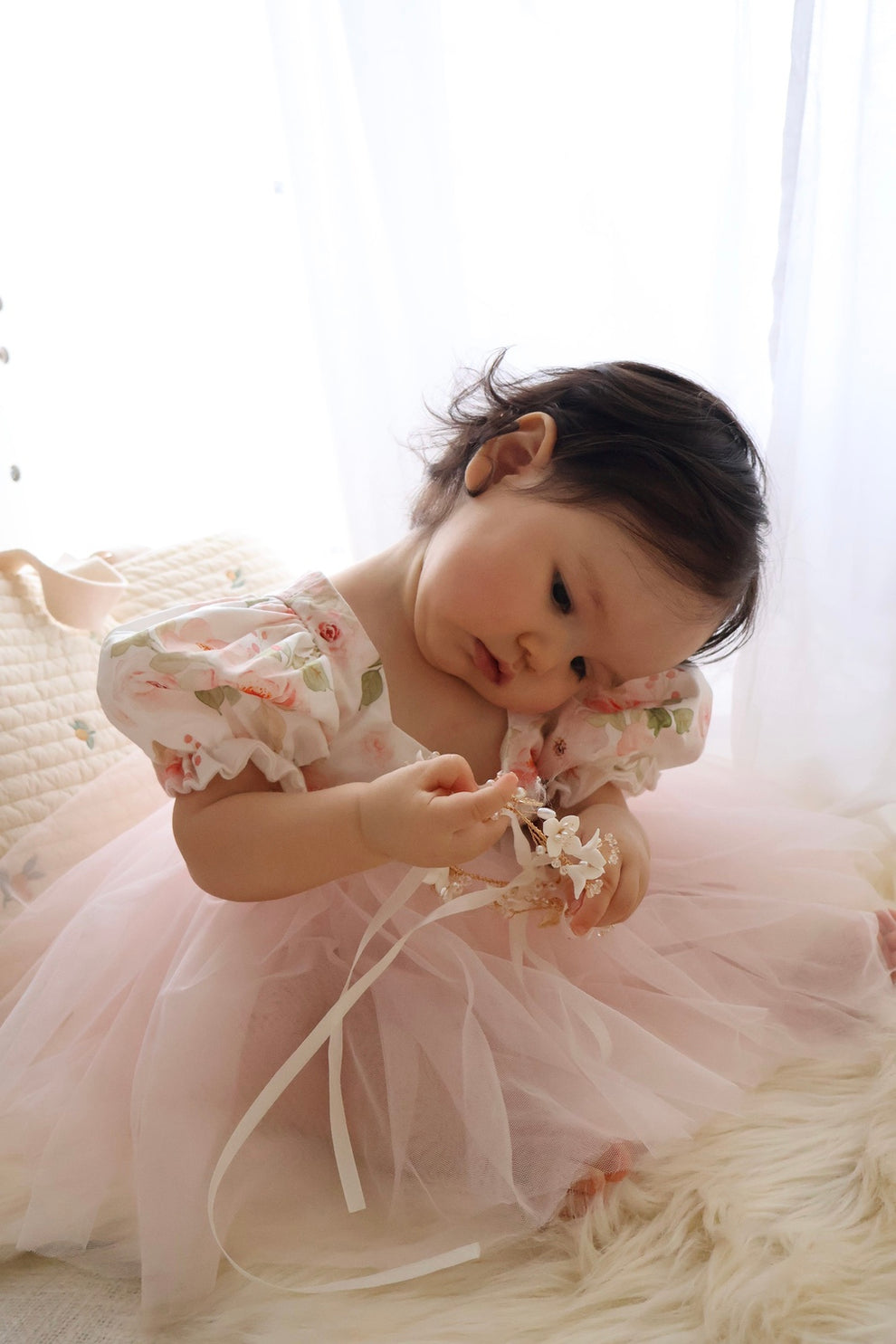 Baby girl  romper floral bodice pink tulle skirt light pink