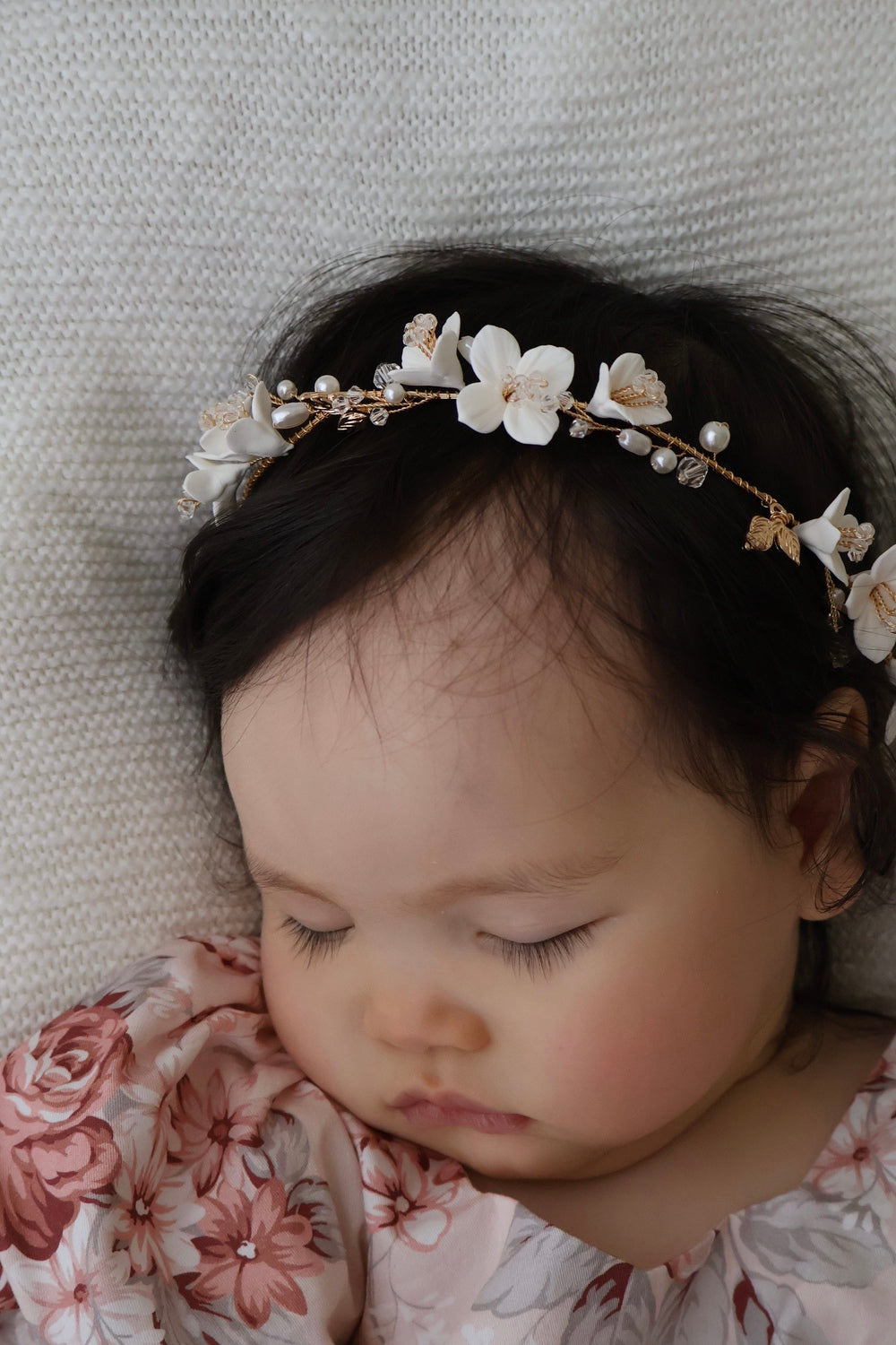 porcelain flower headband close up pearl cluster detail