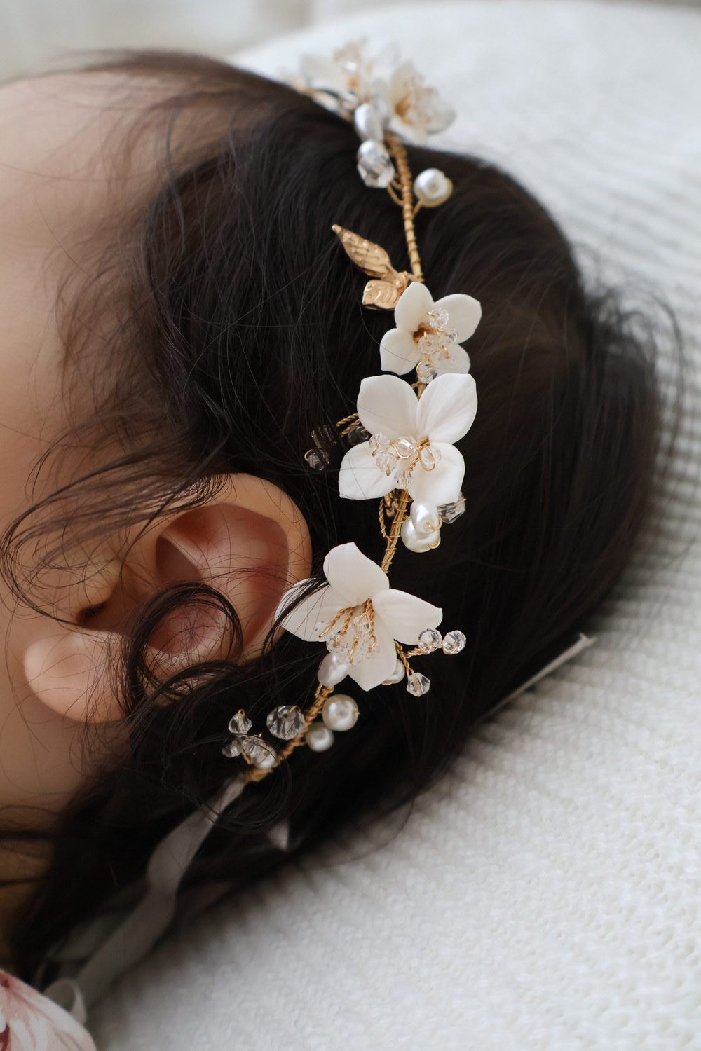 flower girl headband with ribbon fastening and flexible band