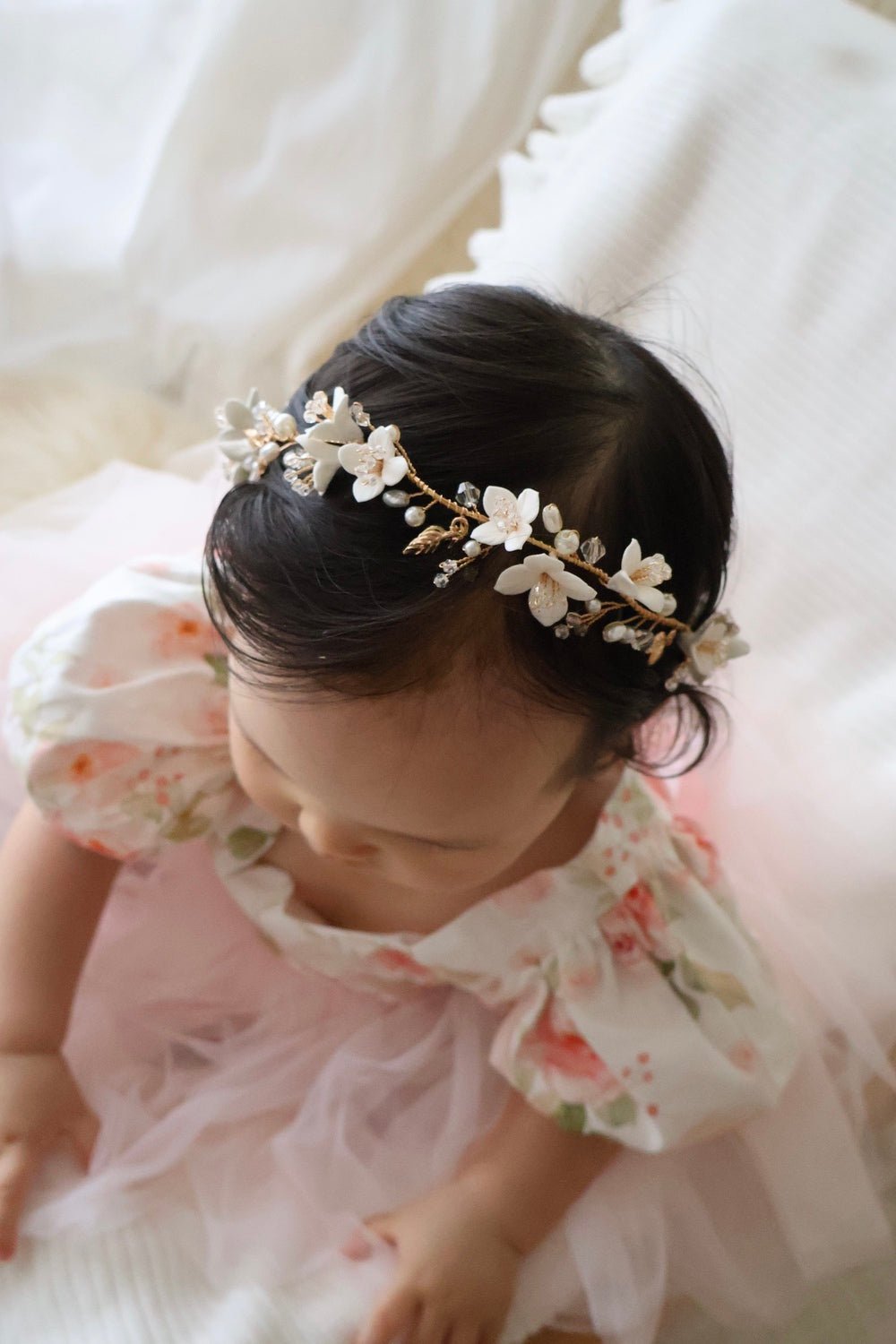 girls headband with white porcelain flowers and hand wired pearls