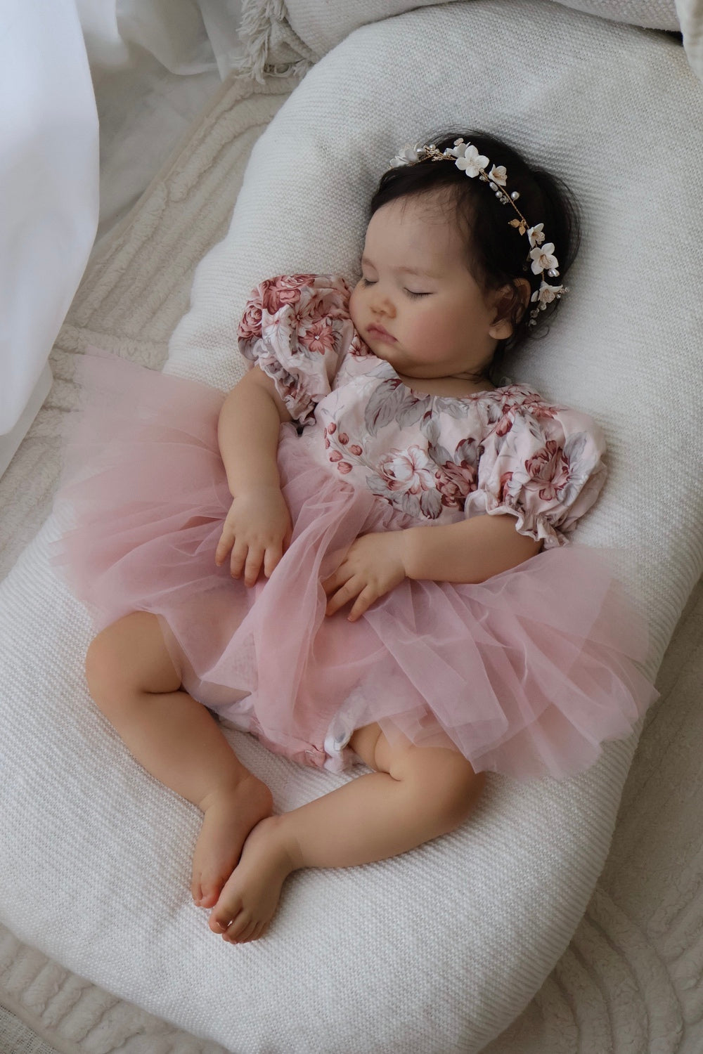 Baby girl birthday romper in soft nectar