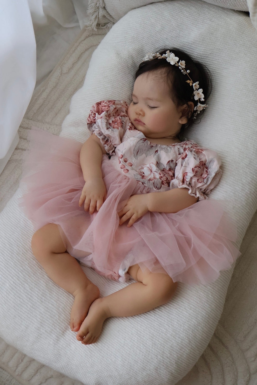 Baby girl birthday romper in soft nectar