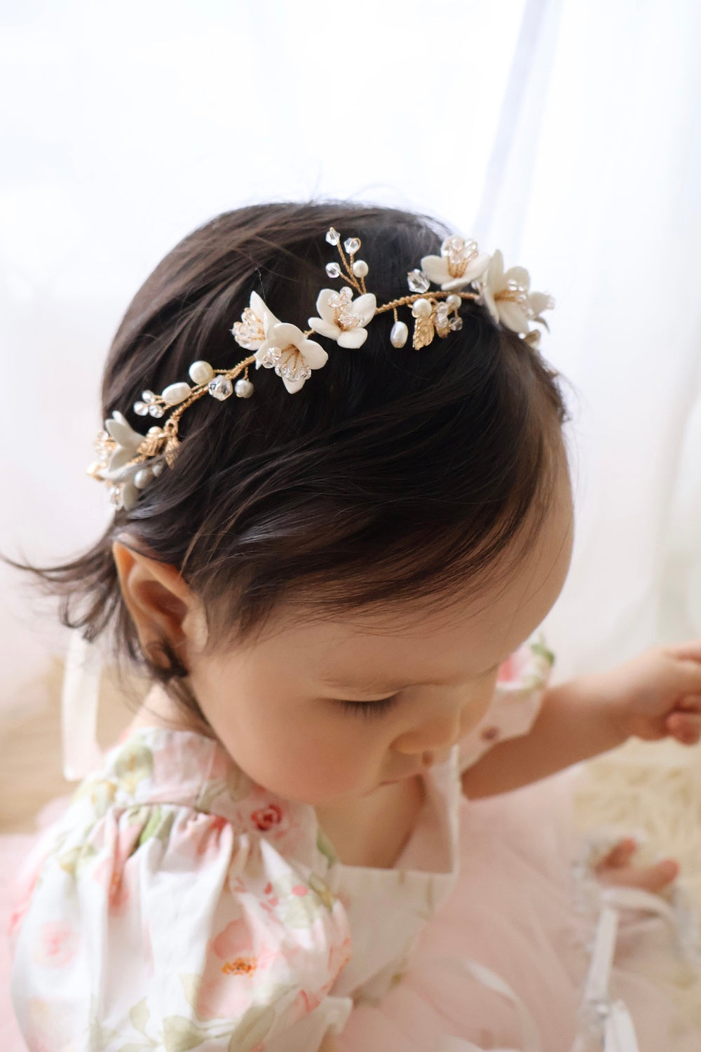 first communion headband with porcelain flowers and pearl clusters