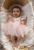 Eloise baby romper with soft pink tulle skirt and floral bodice