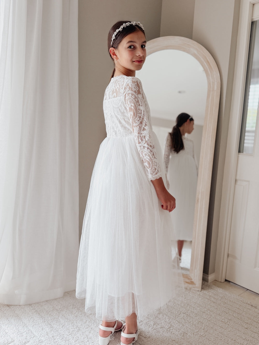 long sleeve lace dress in soft white for First Holy Communion